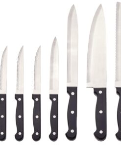 Alternative view of Amazon Basics 14-Piece Kitchen Knife Set with High-Carbon Stainless-Steel Blades and Pine Wood Block, Black Traditional Handle Design