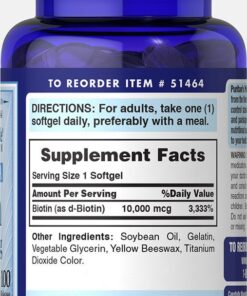 Puritan's Pride Biotin 10000 Mcg, Helps Promote Skin, Hair and Nail Health, Softgels 100 Count Unflavored 30 61mWy2F8bXL