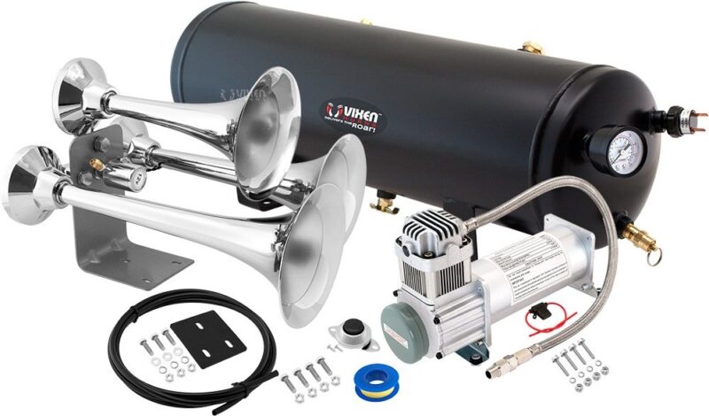 Catalog 7 Vixen Horns Train Horn Kit for Trucks/Car/Semi. Complete Onboard System- 200psi Air Compressor, 3 Gallon Tank, 3 Trumpets. Super Loud dB. Fits Vehicles like Pickup/Jeep/RV/SUV 12v VXO8330/3318 Chrome Train Horn / Chrome Compressor / Black Tank