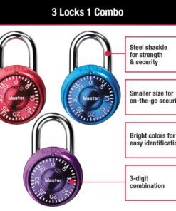 Master Lock Padlock, Mini Dial Combination Lock, 1-9/16 in. Wide, Color Assortment Pack, 1533TRI (Pack of 3) 3 count (Pack of 1) 21 61nAb0RIuSL