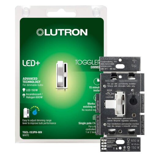 Lutron Toggler LED+ Dimmer Switch | 150-Watt LED, Single-Pole/3-Way | TGCL-153PH-WH | White 1 Pack