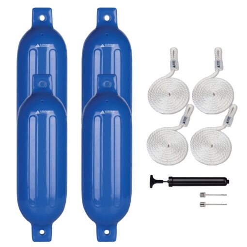 Leader Accessories Ribbed Twin Eyes Boat Fender Bumper Pack of 4 Includes 3/8'' Fender Lines and Pump to Inflate Blue 4.5*16 inch