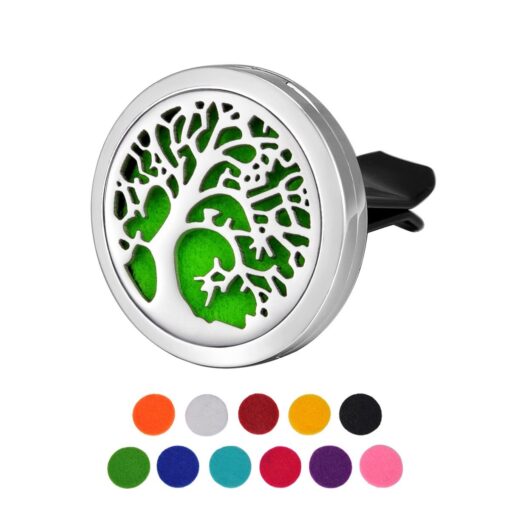 HOUSWEETY Car Air Freshener Aromatherapy Essential Oil Diffuser - Tree of Life Stainless Steel Locket,11 Refill Pads (with Gift Bag) With Gift Bag