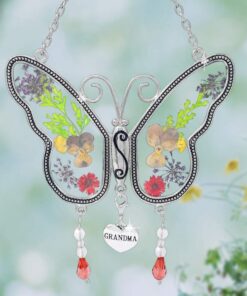 Grandma Butterfly Suncatcher with Pressed Flower Wings and Heart Charm - Hanging Height 8" 1 16 61nahb arCL
