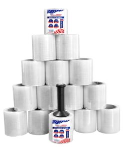 Pack of America Mini Stretch Film - 16 Rolls with Handle, 5” x 1000 Feet, 80 Gauge (20 Micron) Industrial Heavy Duty Plastic Shrink Wrap and Dispenser for Packing, Shipping, Pallet, Moving Supplies 5'' x 1000 ft (16 Roll & Hand Dispenser) Clear 13 61ntE2U9wYL