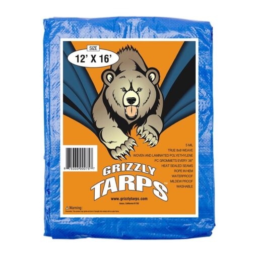 Grizzly Tarps by B-Air 12' x 16' Large Multi-Purpose Waterproof Heavy Duty Poly Tarp with Grommets Every 36", 8x8 Weave, 5 Mil Thick, for Home, Boats, Cars, Camping, Protective Cover, Blue 12' x 16'