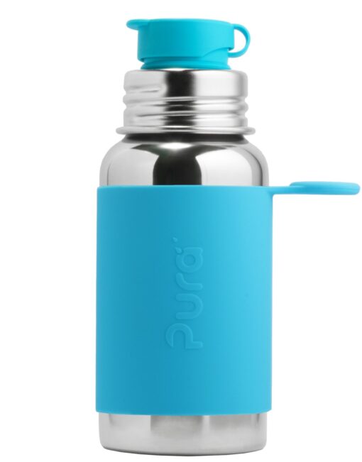 Pura 18 oz / 550 ml Stainless Steel Kids Sport Bottle with Silicone Sport Flip Cap & Sleeve (Plastic Free, Nontoxic Certified, BPA Free) (Aqua Blue)