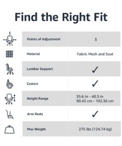 Amazon Basics Mesh Mid-Back Adjustable-Height 360-Degree Swivel Office Desk Chair with Armrests and Lumbar Support, Black 34 61oFpuA5I L
