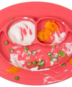 ezpz Mini Mat (Coral) - 100% Silicone Suction Plate with Built-in Placemat for Infants + Toddlers - First Foods + Self-Feeding - Comes with a Reusable Travel Bag - 6 Months+ Coral 24 61oHjcrF4bL