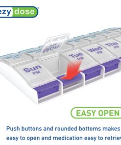 EZY DOSE Push Button (7-Day) Pill Case, Medicine Planner, Vitamin Organizer, 2 Times a Day AM/PM, Large Compartments, Arthritis Friendly, Clear Lids, Purple/Blue Blue and Purple (Clear Lids) 19 61oSSmgmniL