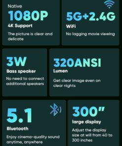 Alternative view of TMY Native 1080P Projector with 5G WiFi and Bluetooth 5.1, 13000 Lumens 4K Supported Mini Projector, Portable Projector Compatible with TV Stick/Phone/PC/DVD/HDMI/AV/USB/SD, Outdoor Movie Projector