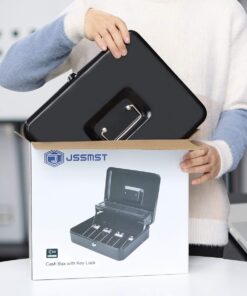 Jssmst Large Locking Cash Box with Money Tray, Lock Box with Security Cable Metal Money Box with Key Lock, Black, CB02304XL Black Key Lock 32 61oqUEp6VgL