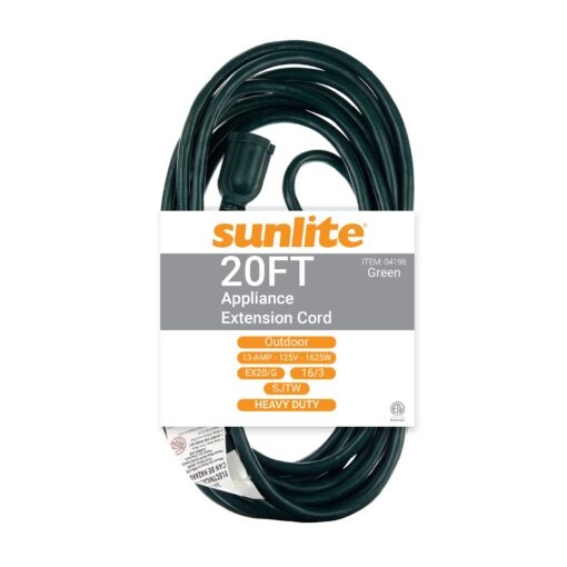 Sunlite 04196-SU 20-Foot Outdoor Extension Cord, Three Prong Polarized Sockets, Heavy Duty, Long Power Wire, For Appliances, Electronics, ETL Listed, 16/3 Gauge, SJTW, 1625 Watts, 13 Amps, 125V, Green 20 ft