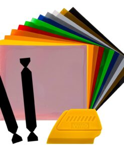 SISER Heat Transfer Vinyl, 12 Inch x 15 Inch 12-Color Starter Bundle Including Vinyl Wrap Toolkit Yellow Detailer Squeegee & 2 Felt Edges (12-Color Bundle w/Tools)