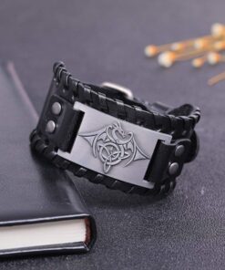 Alternative view of HAQUIL Viking Wiccan Egytian Black Brown Wide Leather Wristband Bracelet Ancient Medieval Jewelry Gift for Men Celtic Dragon - Black Leather