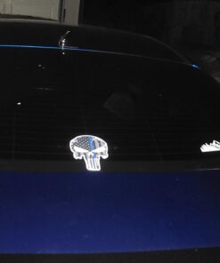 Punisher Skull 5.5 x 4 Inch Tattered Subdued US Flag Reflective Decal with Thin Blue Line Car Sticker, Helmet & Truck Accessories for Men. Support The Police with American Flag USA Bumper Sticker. 14 61pAzu0FDGL