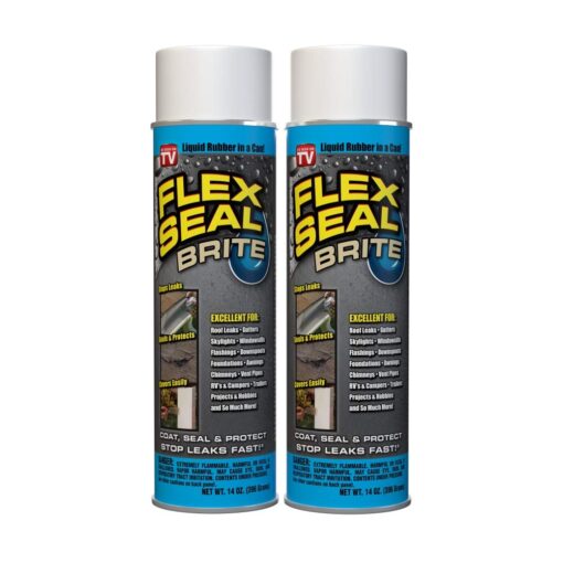 Flex Seal, 14 oz, 2-Pack, Brite, Stop Leaks Instantly, Waterproof Rubber Spray On Sealant Coating, Perfect for Gutters, Wood, RV, Campers, Roof Repair, Skylights, Windows, and More