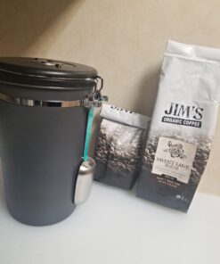 Coffee Gator Stainless Steel Canister - Large 22oz, Silver Coffee Grounds and Beans Container with Date-Tracker, CO2-Release Valve, and Measuring Scoop - Ideal Coffee Lovers Gifts for Her Gray with Green 38 61pJtF6sSxL
