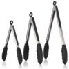 Kitchen Tongs, U-Taste 7/9/12 inches Cooking Tongs, with 600ºF High Heat-Resistant Non-Stick Silicone Tips, 18/8 Stainless Steel Handle, for Food Grill, Salad, BBQ, Frying, Serving, Pack of 3(Black) (01) Black 45 61pjTiwrfwL