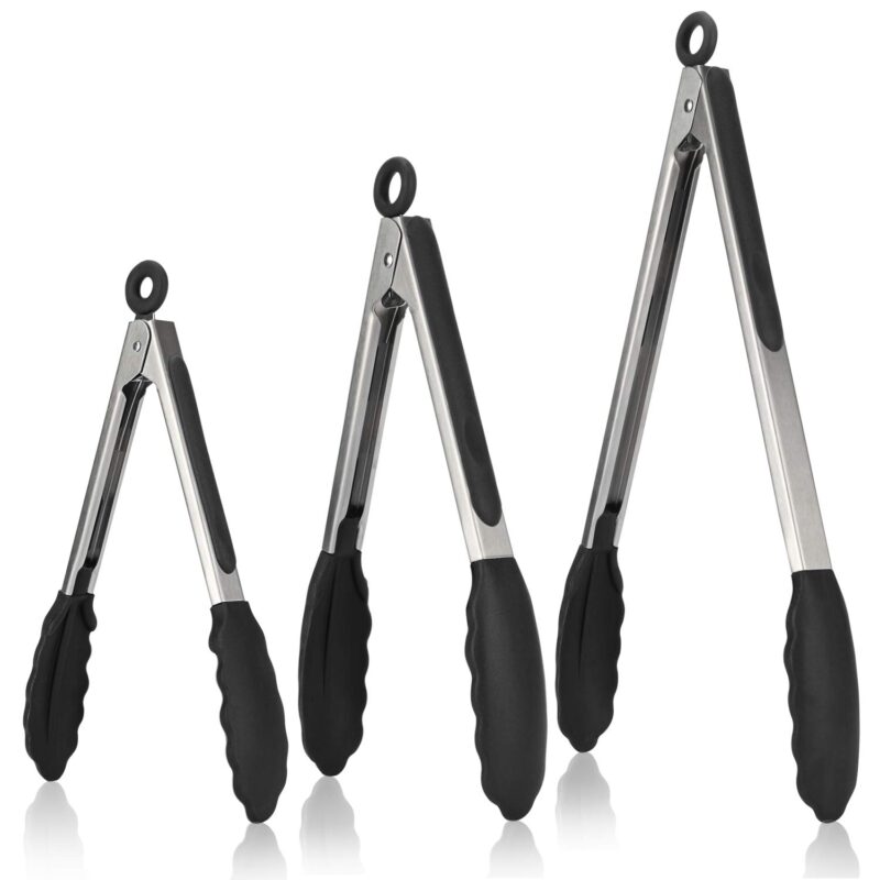 Catalog 9 Kitchen Tongs, U-Taste 7/9/12 inches Cooking Tongs, with 600ºF High Heat-Resistant Non-Stick Silicone Tips, 18/8 Stainless Steel Handle, for Food Grill, Salad, BBQ, Frying, Serving, Pack of 3(Black) (01) Black