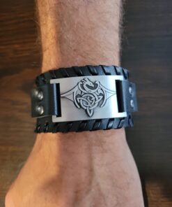 HAQUIL Viking Wiccan Egytian Black Brown Wide Leather Wristband Bracelet Ancient Medieval Jewelry Gift for Men Celtic Dragon - Black Leather 16 61povYrB9LL