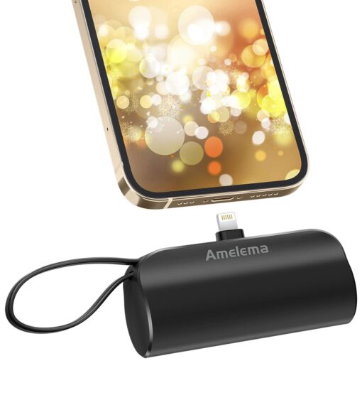 amelema Small Portable Charger for iPhone, 5000mAh Mini Power Bank with Built-in Cable/Metal Stand, Cute Battery Pack Compatible with iPhone 14/14 Plus/Pro Max/13/12/11/XS/XR/X/8/7/Airpods (Black) Black-IOS