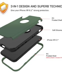 BENTOBEN iPhone XR Cases, iPhone XR Phone Case, 3 in 1 Heavy Duty Rugged Hybrid Solid Hard PC Cover Soft Silicone Bumper Impact Resistant Shockproof Protective Case for iPhone XR 6.1", Dark Green 12 61qPqHw2K0L