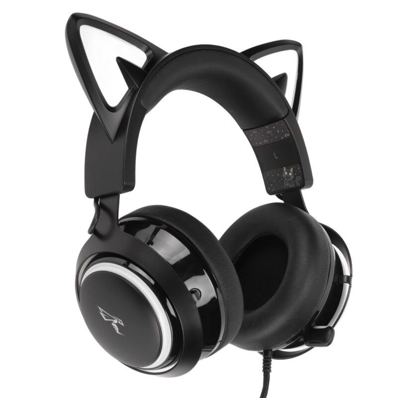 Gaming Headset,Cat Ear Headset Wire Gaming Headphones for PS5/ PS4/ PC, Cute Headset 2.4G with Retractable Microphone, 7.1 Stereo Sound, 8Hrs Playtime, RGB Lighting, Black