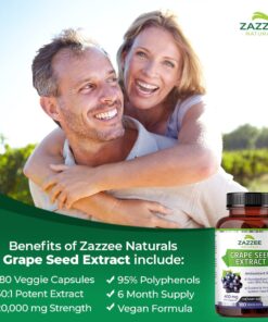 Zazzee High Strength Grape Seed 50:1 Extract, 20,000 mg Strength, 180 Vegan Capsules, 95% Polyphenols, 6 Month Supply, Concentrated, Standardized 50X Extract, 400 mg per Capsule, Non-GMO, All-Natural 19 61qeoS0ALwL