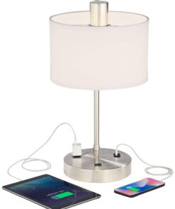 360 Lighting Colby Modern Desk Table Lamp with Hotel Style USB and AC Power Outlet in Base 21" High Brushed Nickel White Linen Drum Shade for Living Room Bedroom House Bedside Reading Home 22 61r2EMXK71L