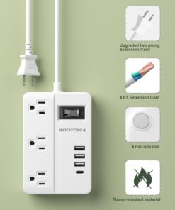 2 Prong Extension Cord with USB-C, ROOTOMA 2 Prong to 3 Prong Outlet Adapter, 3 Outlet & 4 USB Charging Station, 3 Prong Adapter 4ft, Non-Grounded, for Polarized Two Prong Outlet, Old House, White 4ft-2pin 26 61r3Bda9SSL