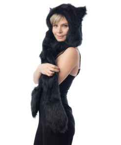 Black Cat Full Animal Hood Hoodie Hat Faux Fur 3 in 1 Function Paw Mittens Gloves 10 61rDETwMD L
