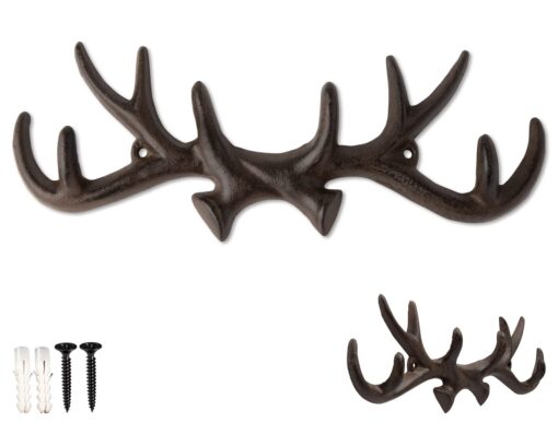 Comfify Vintage Cast Iron Deer Antlers Wall Mounted Hooks | Antique Finish Metal Clothes Hanger Rack w/Hooks for Coats, Jackets, Purses and More | Includes Screws and Anchors | in Rust Brown