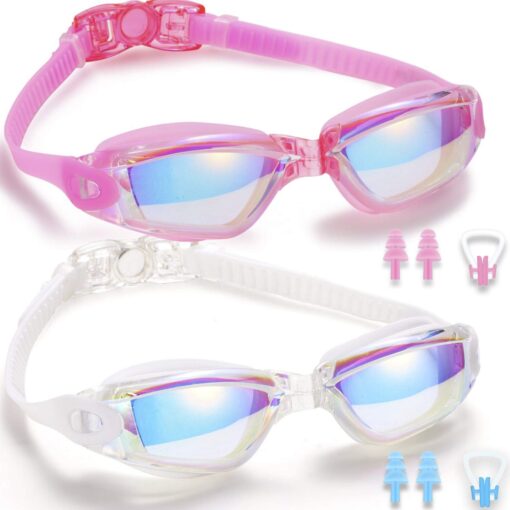 Yizerel Swim Goggles, 2 Pack Swimming Goggles for Adult Men Women Youth Kids Child White /Pink(mirrored)