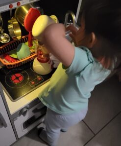 Amazon Basics Kids Upright Wooden Kitchen Toy Playset with Stove, Oven, Sink, Fridge and Accessories, for Toddlers, Preschoolers, Children Age 3+ Years, White & Gray, 39"L x 11.8"W x 39'H' Upright Kitchen 40 61rjpY8CIL