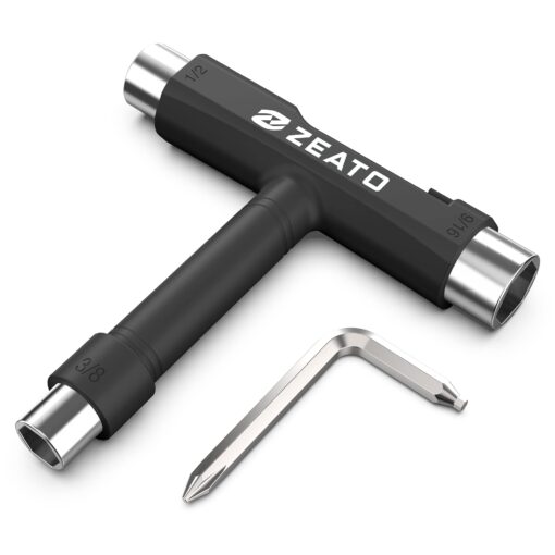 Zeato All-in-One Skate Tools Multi-Function Portable Skateboard T Tool Accessory with T-Type Allen Key and L-Type Phillips Head Wrench Screwdriver Black