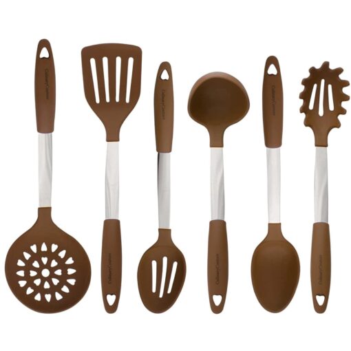 Culinary Couture 6-Piece Stainless Steel & Silicone Kitchen Utensils Set, Silicone Cooking Utensils, Heat Resistant Kitchen Cooking Utensils Set, Includes a Bonus Recipe E-Book, Brown 6 Piece - Large