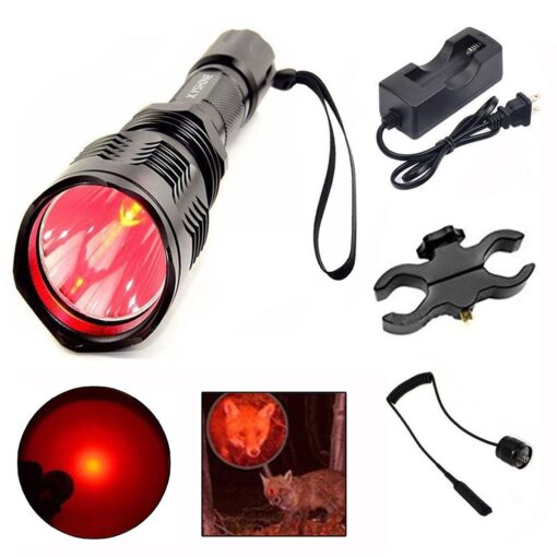 LED Hunting Flashlight, HS-802 250 Yards Cree Coyote Hog Red Light Flashlight with Remote Tactical & Pressure Switch+ Barrel Mount+ Battery(not sold individually)+ Charger for Hunting, Fishing