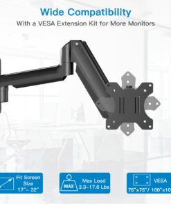 HUANUO Monitor Wall Mount Bracket, Articulating Adjustable Gas Spring Single Arm Stand with VESA Extension Kit for 17 to 32 Inch LCD Computer Screens - VESA 75x75,100x100 25 61sbJVOQbdL