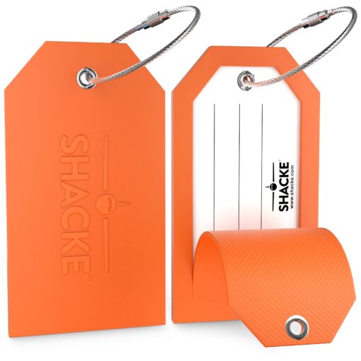 Shacke Luggage Tags with Full Back Privacy Cover w/Steel Loops - Set of 2 Orange