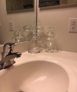 MyGift Clear Glass Apothecary Jars with Lid, Decorative Seashell Design Bathroom Canister, Footed Candy Buffet Containers, Set of 3 43 61tMC E9vvL