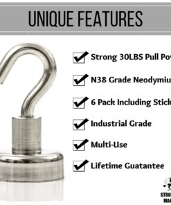 Strongman Tools Strong Magnetic Hooks Heavy Duty Magnet Hooks for Hanging - with Neodymium & Non Scratch Adhesive - Magnetic Hook for Cruise, Wall, Locker, Hanger and More - 6 Pack Set, 30 lbs 30lbs Hooks 21 61td2u7AF1L