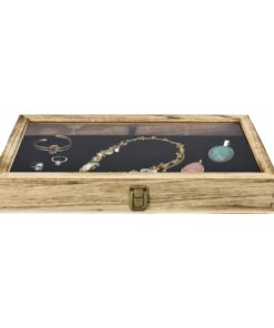 MOOCA Wooden Jewelry display case with Tempered Glass Top Lid, Oak Color 12 61twSSmjgML