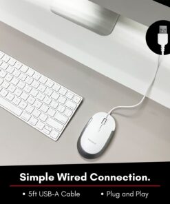 Macally Silent Wired Mouse - Slim & Compact USB Mouse for Apple Mac or Windows PC Laptop/Desktop - Designed with Optical Sensor & DPI Switch - Simple & Comfortable Wired Computer Mouse (White) White with Silver Trim 25 61u0CfoojL