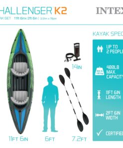 INTEX Challenger Inflatable Kayak Series: Includes Deluxe 86in Aluminum Oar and High-Output Pump – SuperStrong PVC – Adjustable Seat with Backrest – Removable Skeg – Cargo Storage Net green/blue 2-person 26 61uERbLkQXL