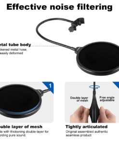Aokeo Professional Microphone Pop Filter Mask Shield For Blue Yeti and Any Other Microphone, Mic Dual Layered Wind Pop Screen With A Flexible 360° Gooseneck Clip Stabilizing Arm Black 23 61uKN7DzweL