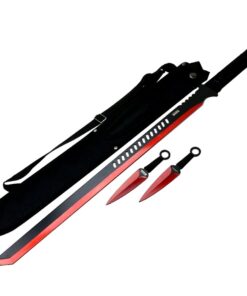 Alternative view of Wartech K1020-65-RD 440 Stainless Steel Full Tang Blade Ninja Hunting Machete Sword with Throwing Knives (2 Piece), 27", Red