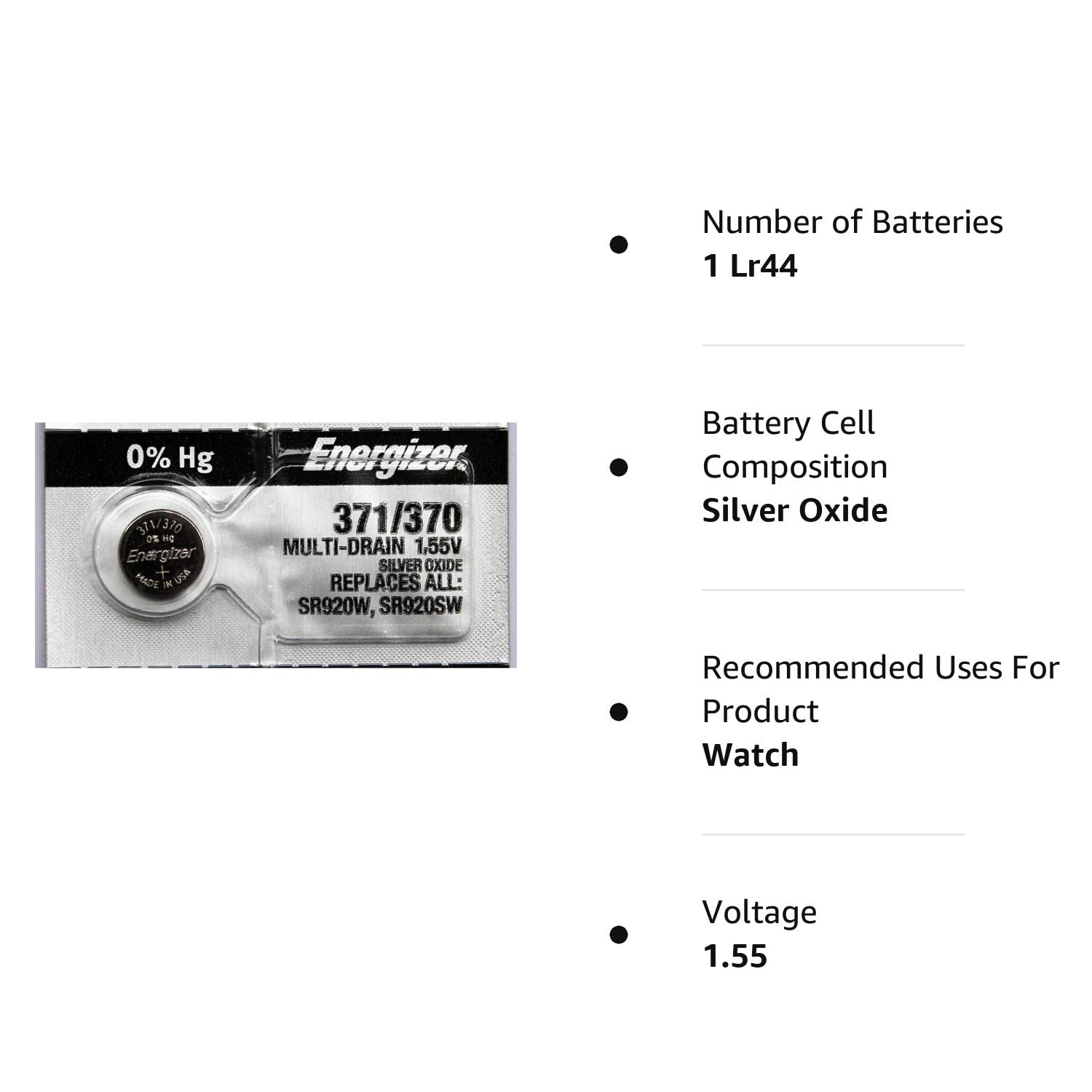 Energizer Batteries 371 370 Sr920w Sr920sw Silver Oxide Watch Battery On Tear Strip 5 Pack 