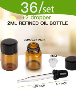 Alternative view of Teenitor Oil Bottles for Essential Oils, 36 Pcs 2 ml (5/8 Dram) Amber Glass Vials Bottles, with Orifice Reducers and Black Caps, with 2 Free Glass Transfer Eye Droppers