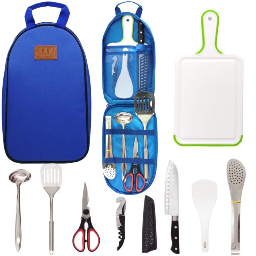 Gold Armour Camp Kitchen Utensil Organizer Travel Set Portable BBQ Camping Cookware Stainless Steel Utensils Travel Kit Outdoor Equipment Cutting Board Tongs Scissors Knife Ladle Spatula Blue